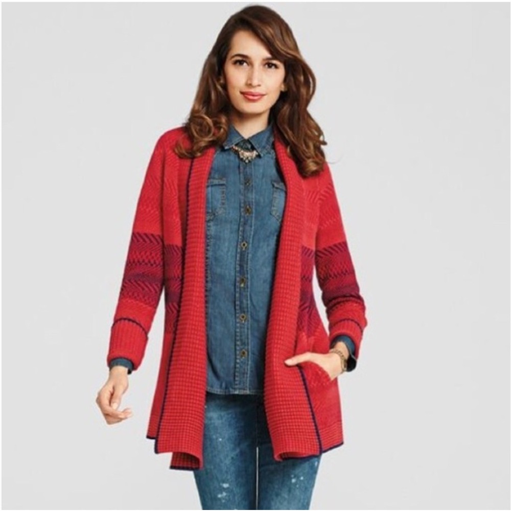 CAbi Joy Open Cardigan Sweater Geometric Pattern Pockets‎ Longline Size XL